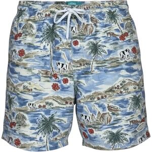 Big Dogs Men's 2X Swim Trunks Tropical Island St Bernard Print Blue Board Shorts